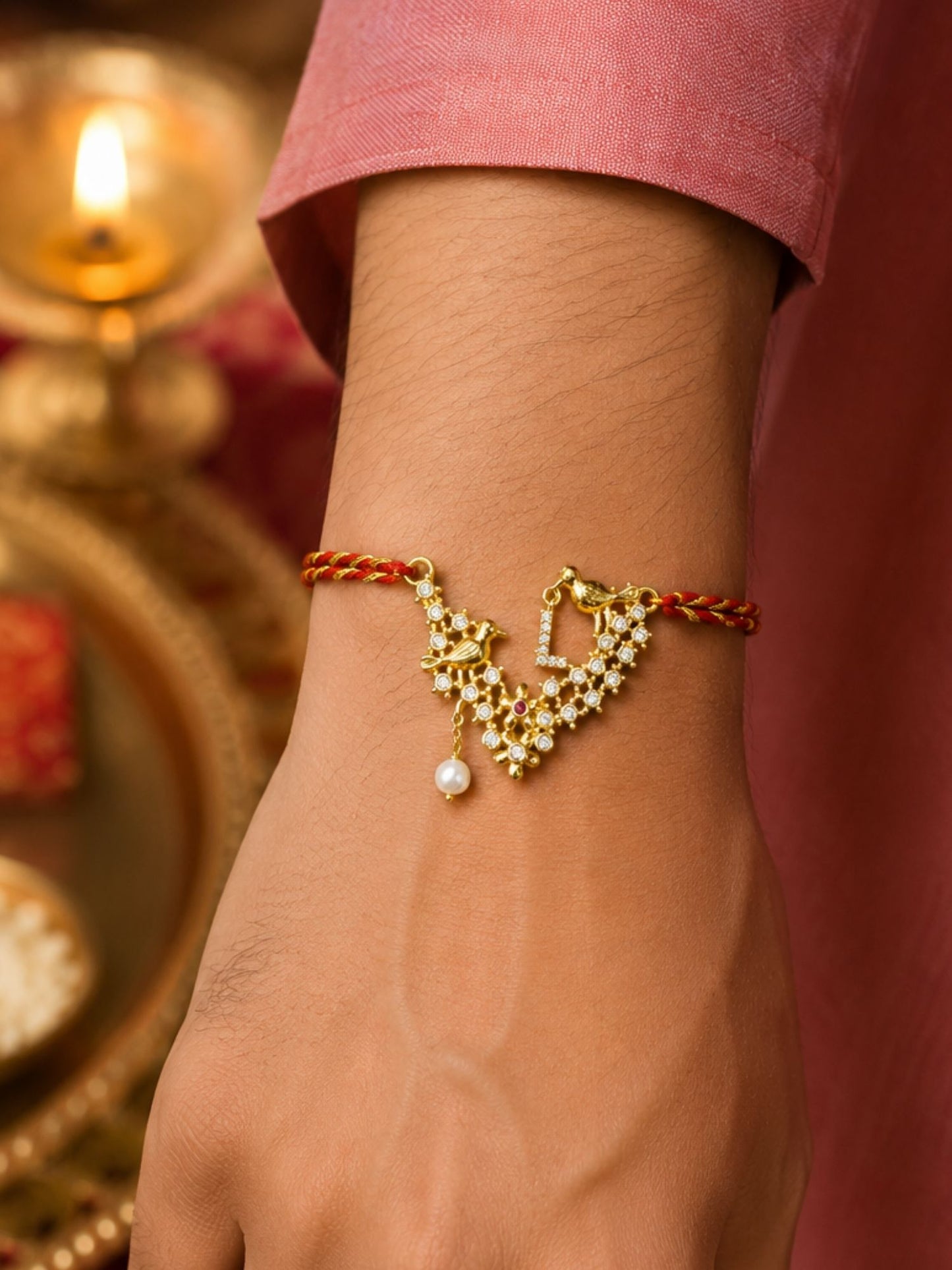 Letter Name Rakhi Designs Alphabet AD Gold Plated with Pearl Customized Pendant Raksha Bandhan