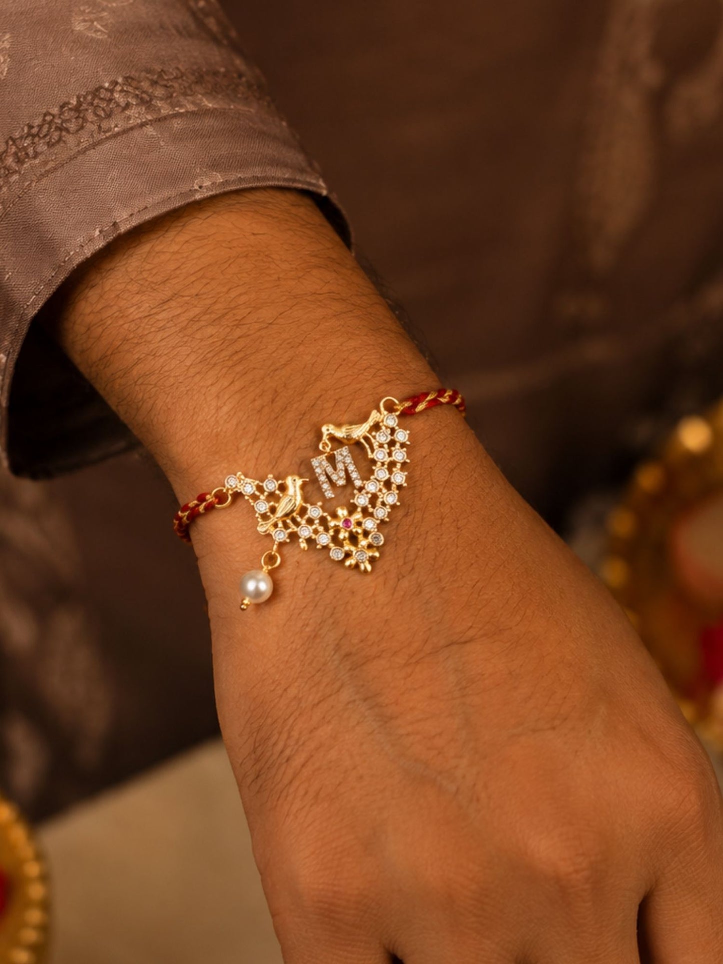 Letter Name Rakhi Designs Alphabet AD Gold Plated with Pearl Customized Pendant Raksha Bandhan