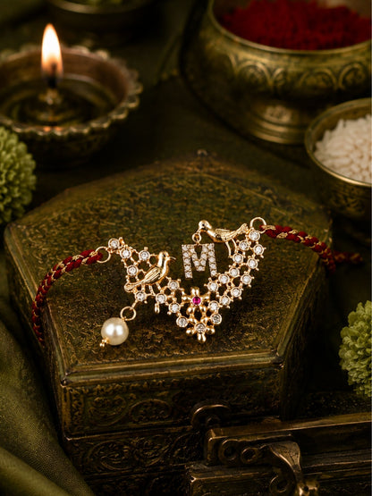 Letter Name Rakhi Designs Alphabet AD Gold Plated with Pearl Customized Pendant Raksha Bandhan