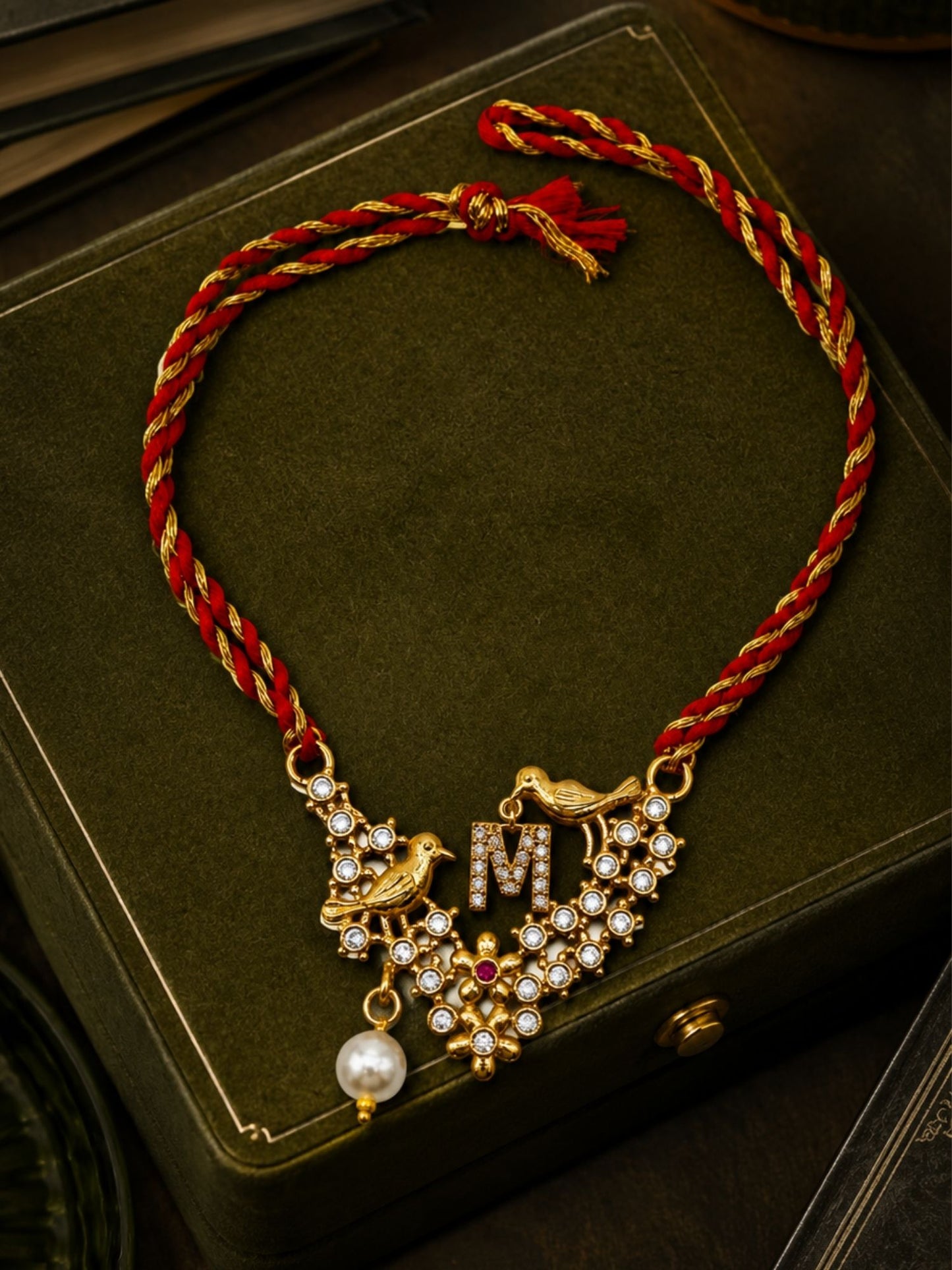 Letter Name Rakhi Designs Alphabet AD Gold Plated with Pearl Customized Pendant Raksha Bandhan