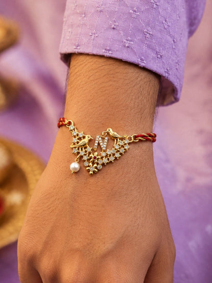 Letter Name Rakhi Designs Alphabet AD Gold Plated with Pearl Customized Pendant Raksha Bandhan