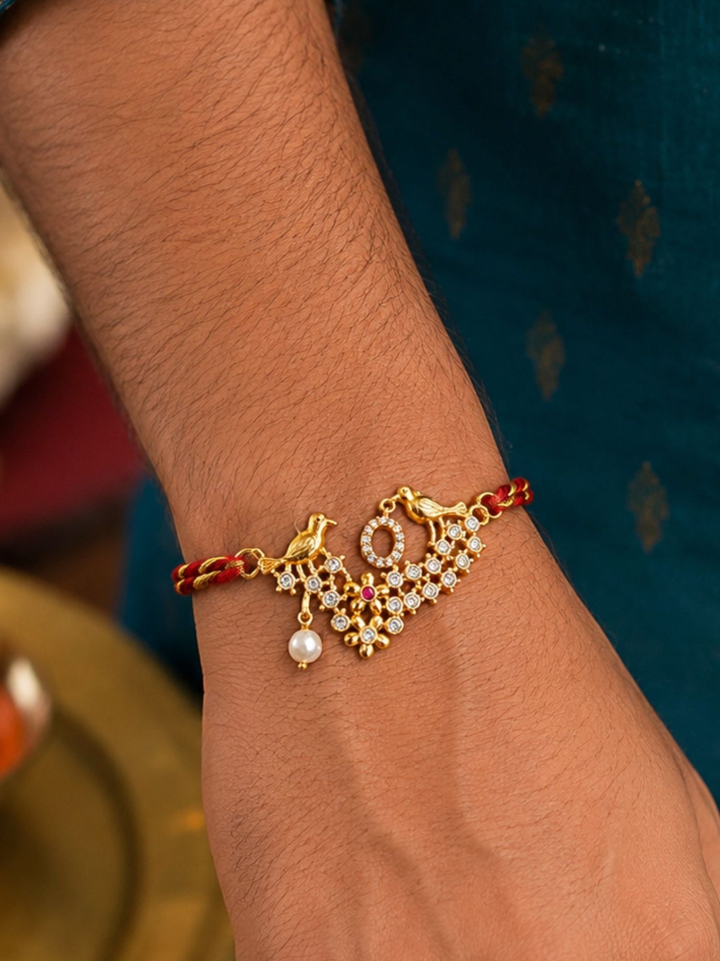 Letter Name Rakhi Designs Alphabet AD Gold Plated with Pearl Customized Pendant Raksha Bandhan