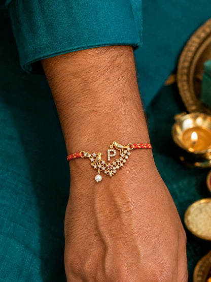 Letter Name Rakhi Designs Alphabet AD Gold Plated with Pearl Customized Pendant Raksha Bandhan