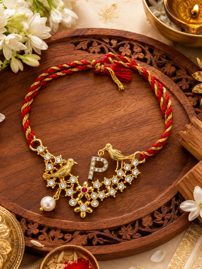 Letter Name Rakhi Designs Alphabet AD Gold Plated with Pearl Customized Pendant Raksha Bandhan