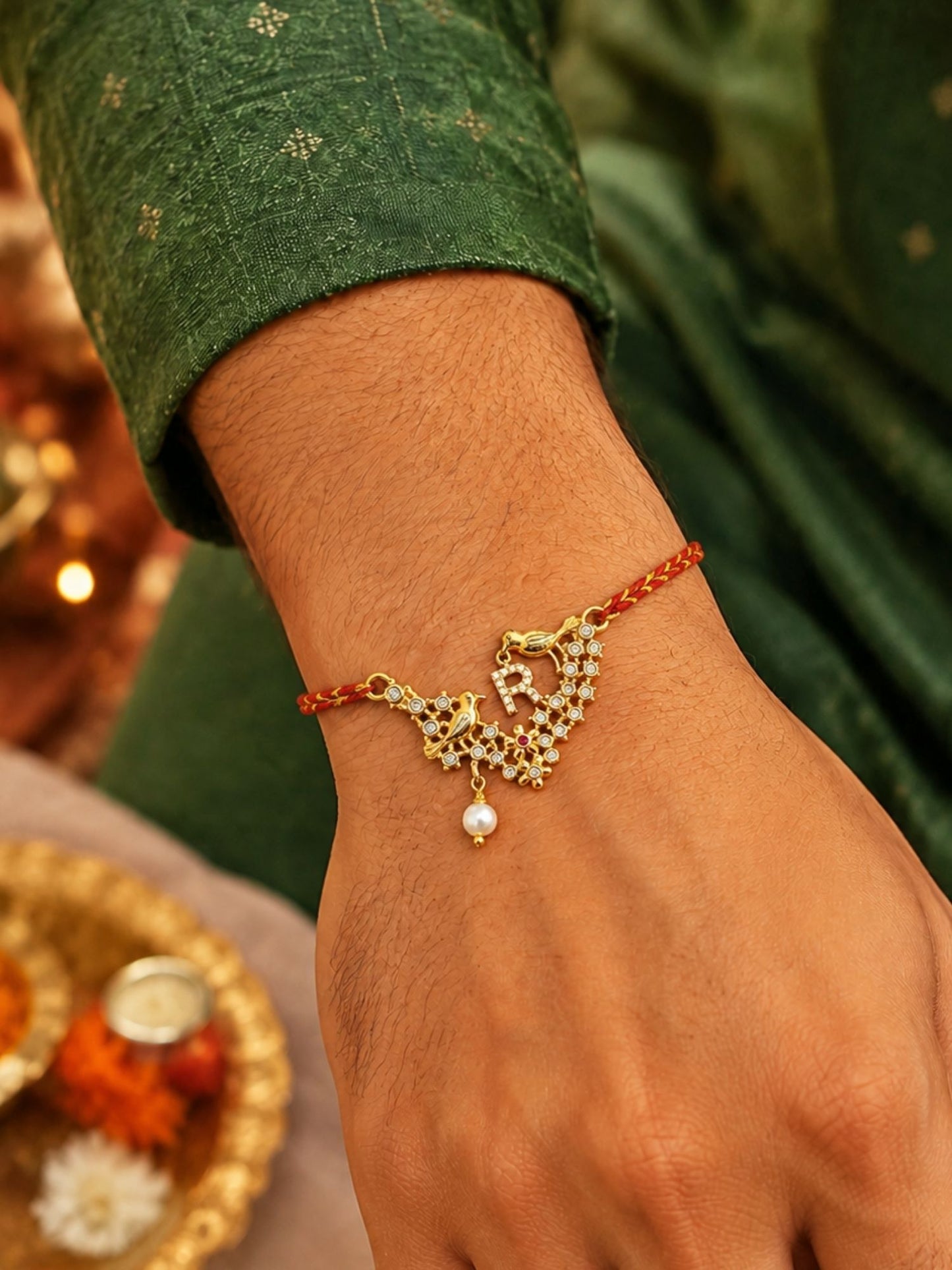 Letter Name Rakhi Designs Alphabet AD Gold Plated with Pearl Customized Pendant Raksha Bandhan