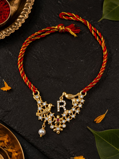 Letter Name Rakhi Designs Alphabet AD Gold Plated with Pearl Customized Pendant Raksha Bandhan
