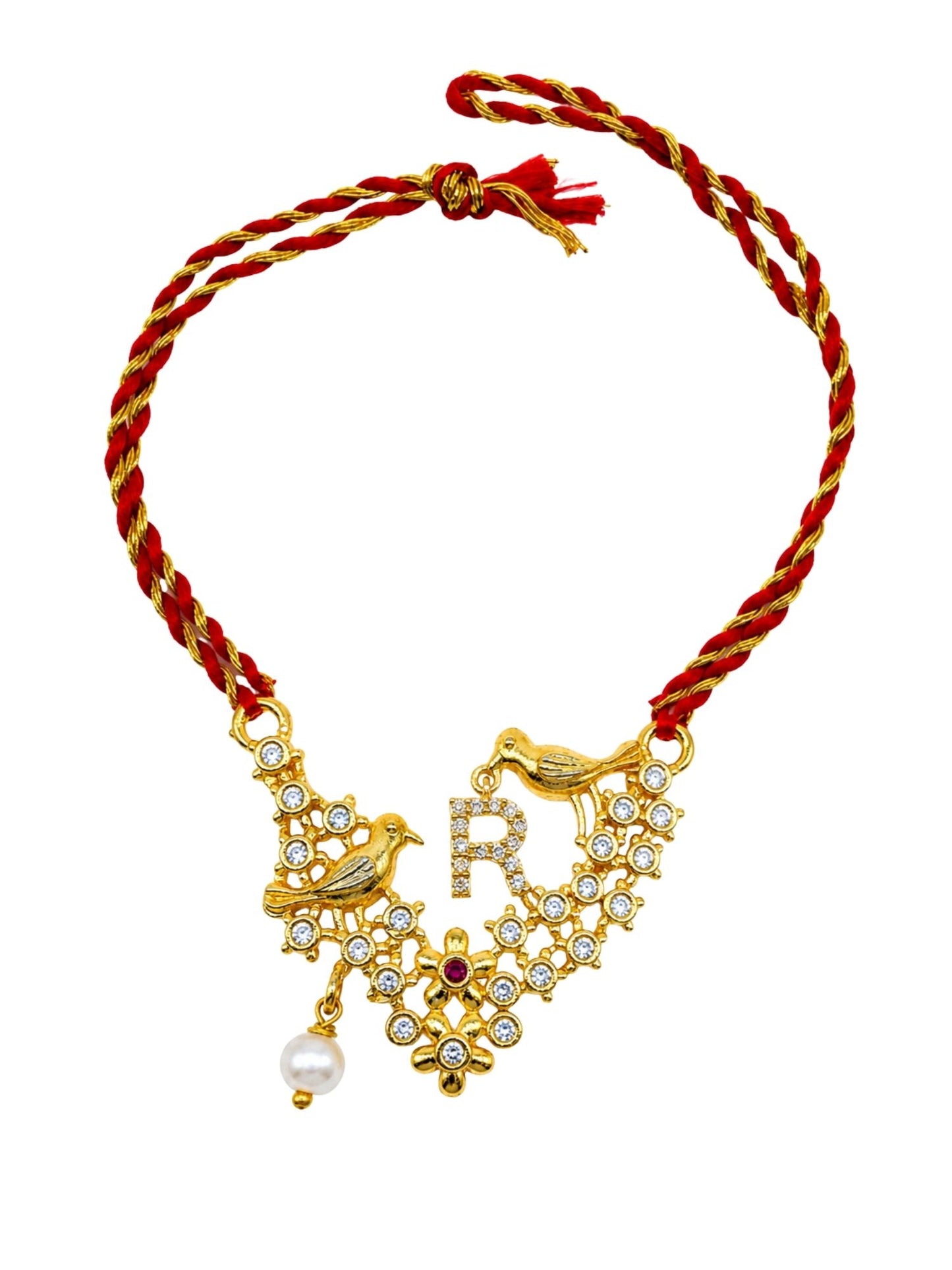 Letter Name Rakhi Designs Alphabet AD Gold Plated with Pearl Customized Pendant Raksha Bandhan
