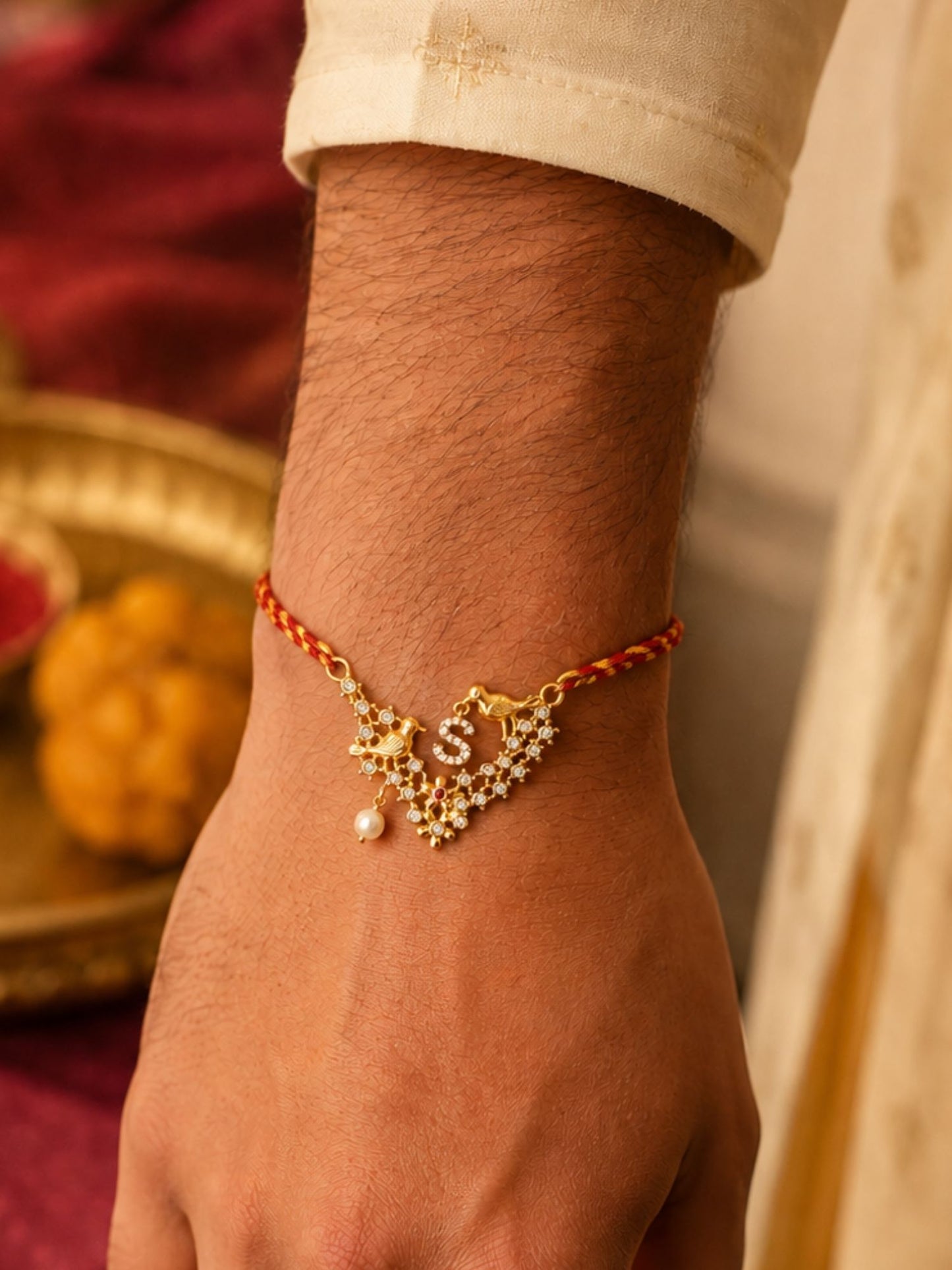Letter Name Rakhi Designs Alphabet AD Gold Plated with Pearl Customized Pendant Raksha Bandhan