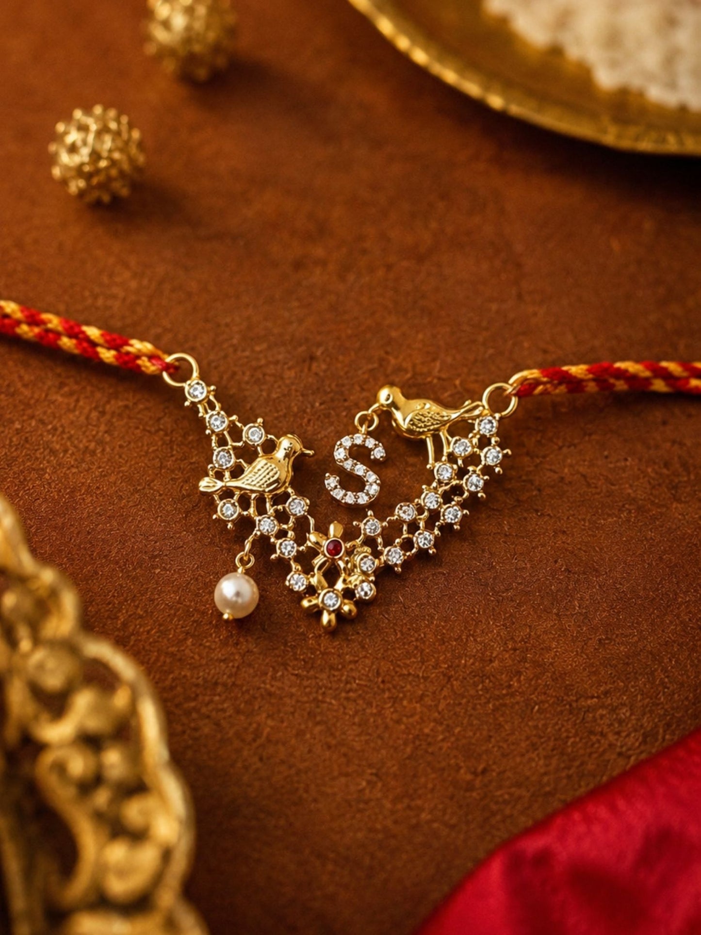 Letter Name Rakhi Designs Alphabet AD Gold Plated with Pearl Customized Pendant Raksha Bandhan