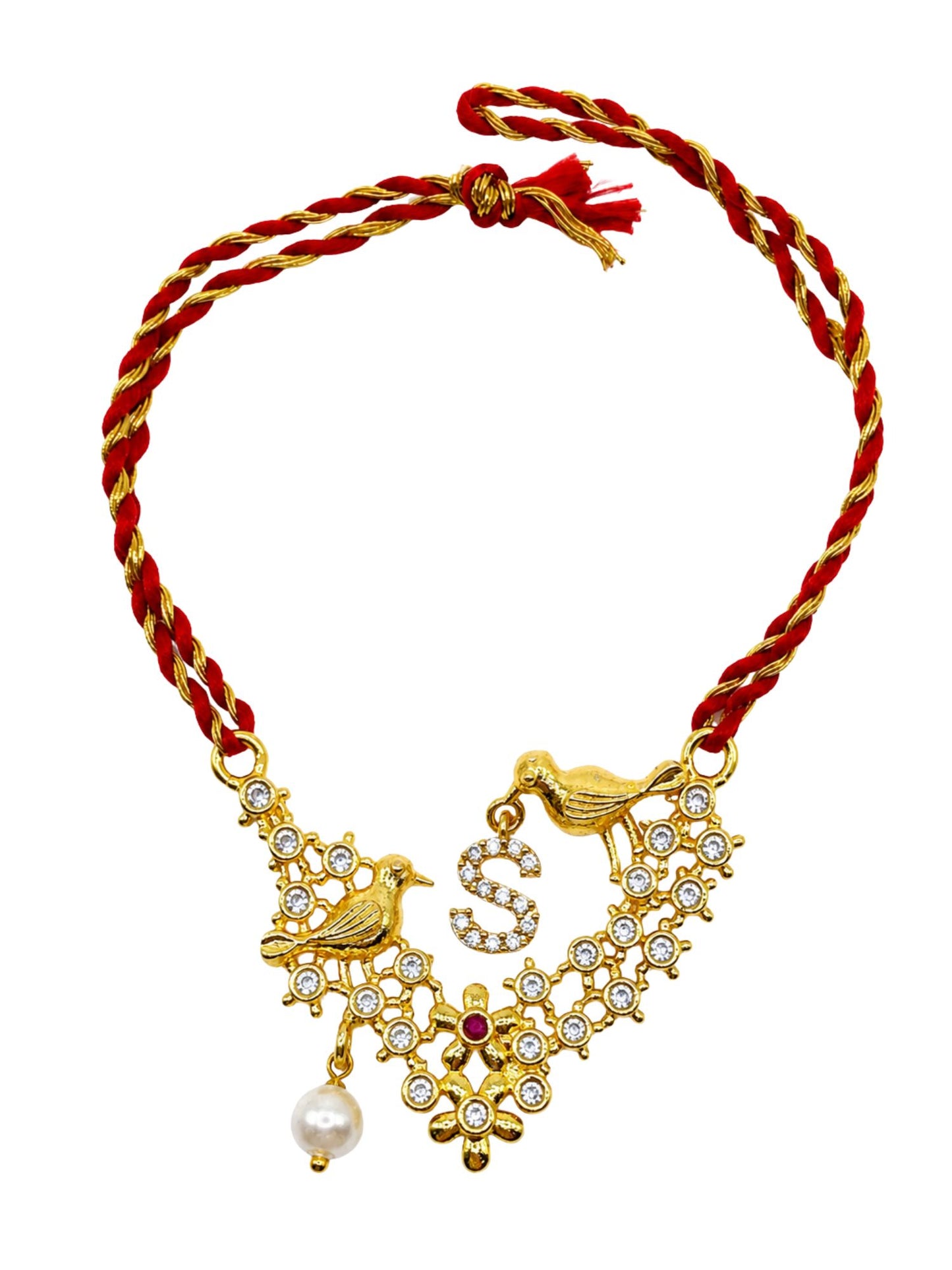 Letter Name Rakhi Designs Alphabet AD Gold Plated with Pearl Customized Pendant Raksha Bandhan