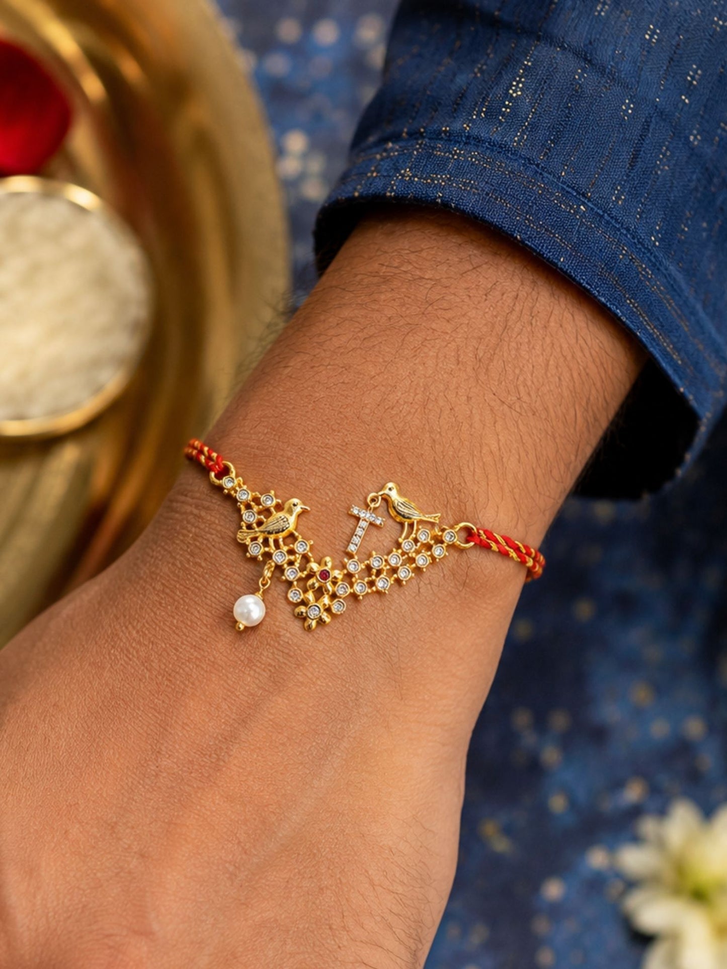 Letter Name Rakhi Designs Alphabet AD Gold Plated with Pearl Customized Pendant Raksha Bandhan