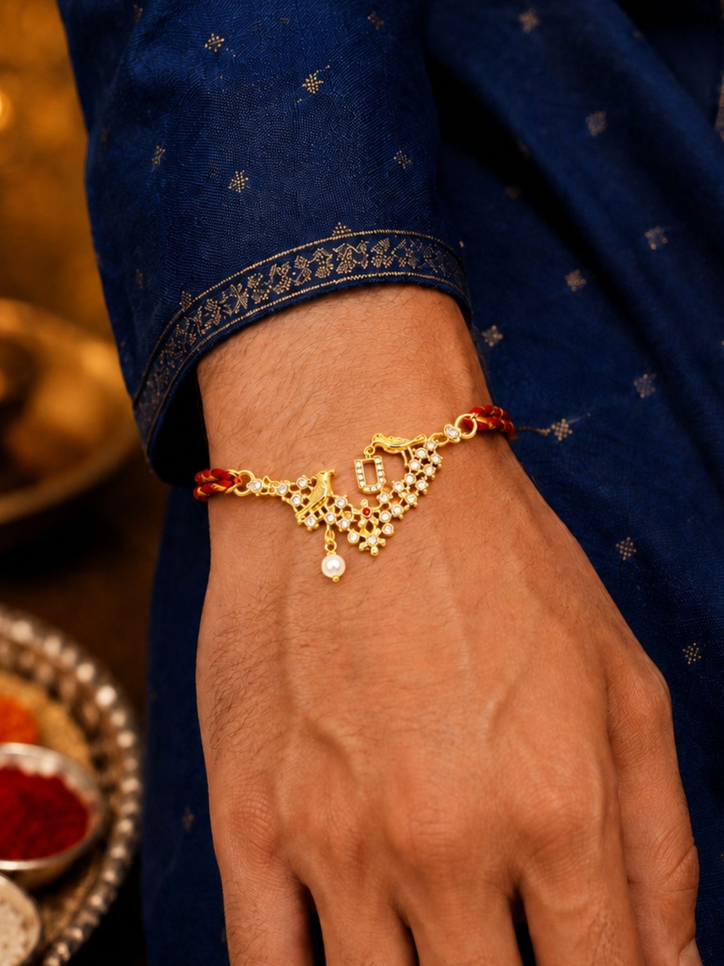 Letter Name Rakhi Designs Alphabet AD Gold Plated with Pearl Customized Pendant Raksha Bandhan