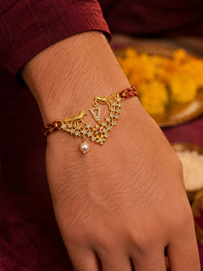 Letter Name Rakhi Designs Alphabet AD Gold Plated with Pearl Customized Pendant Raksha Bandhan