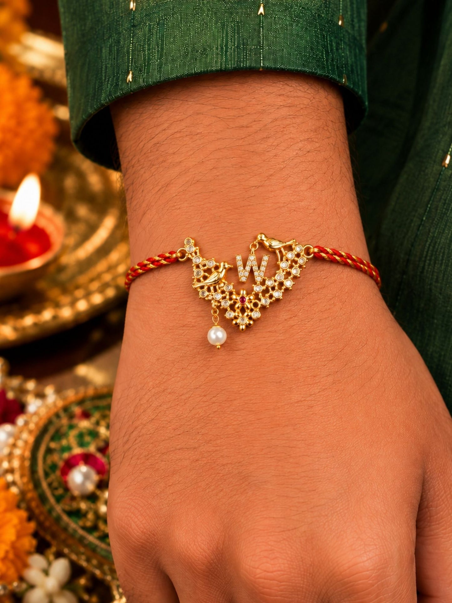 Letter Name Rakhi Designs Alphabet AD Gold Plated with Pearl Customized Pendant Raksha Bandhan