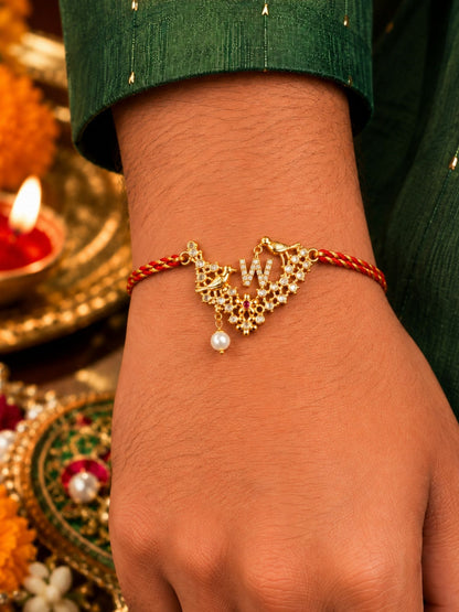 Letter Name Rakhi Designs Alphabet AD Gold Plated with Pearl Customized Pendant Raksha Bandhan