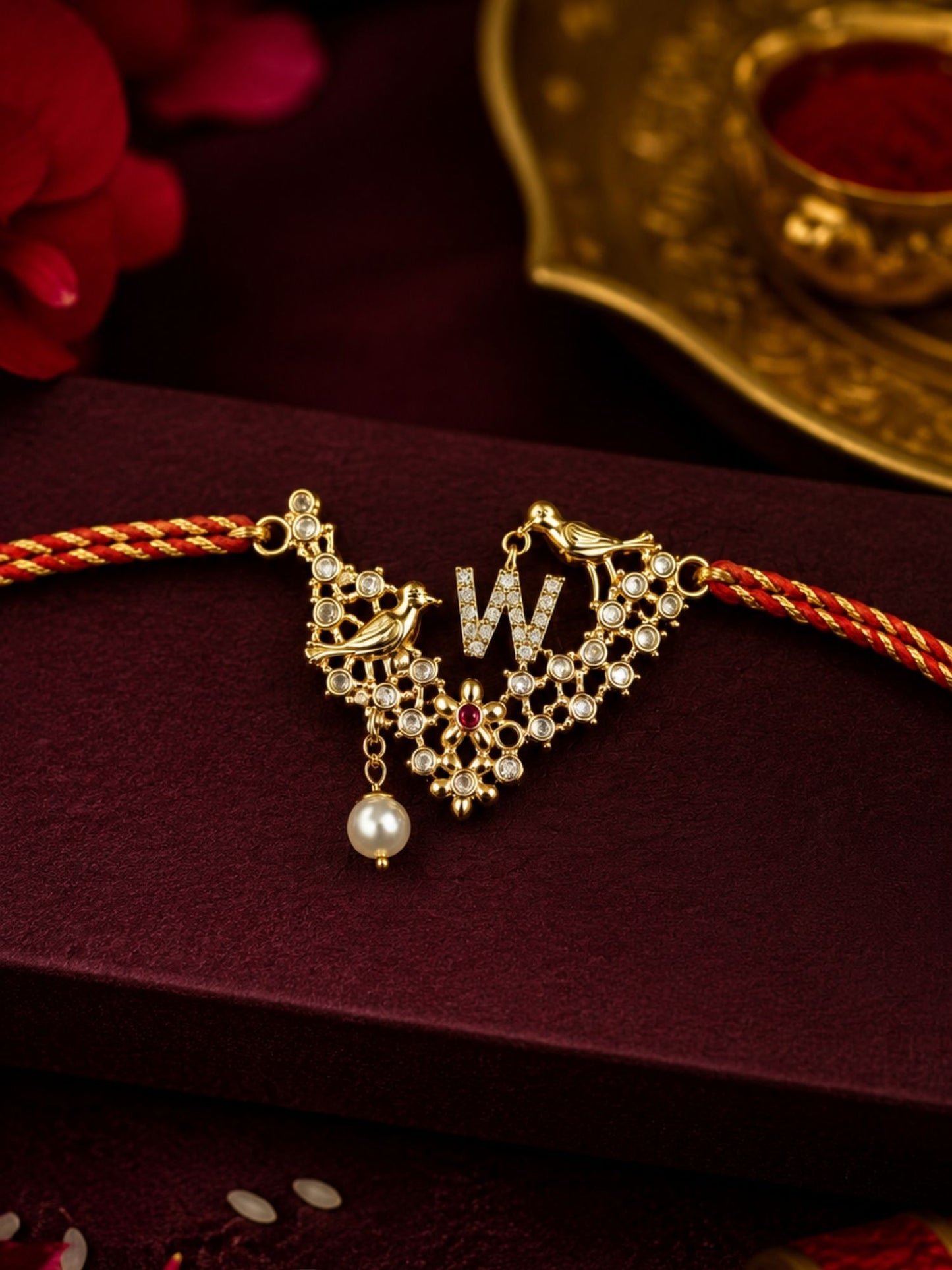 Letter Name Rakhi Designs Alphabet AD Gold Plated with Pearl Customized Pendant Raksha Bandhan