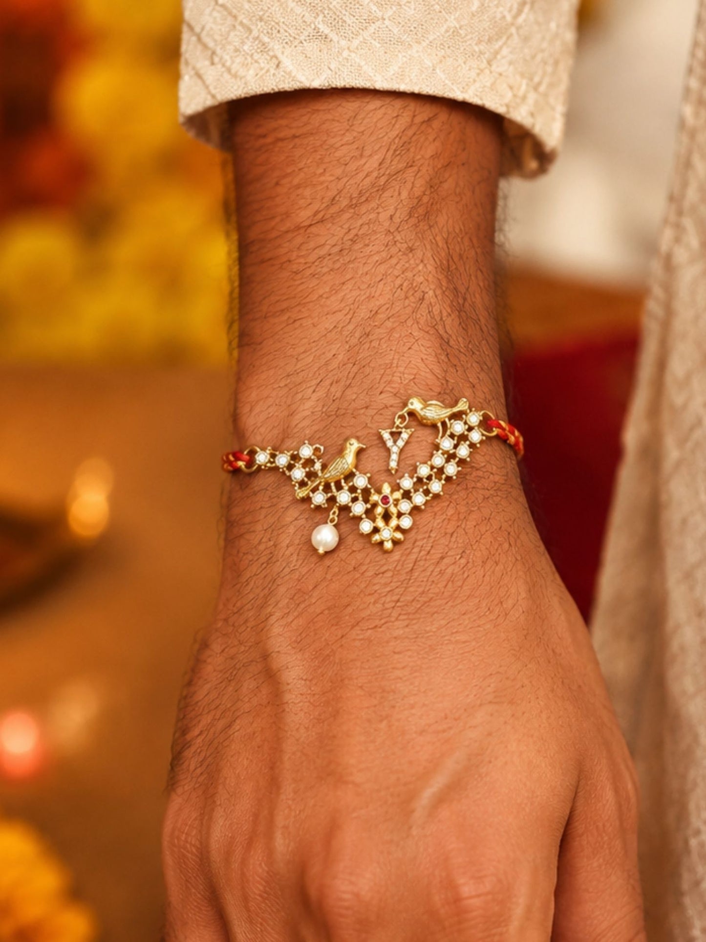 Letter Name Rakhi Designs Alphabet AD Gold Plated with Pearl Customized Pendant Raksha Bandhan