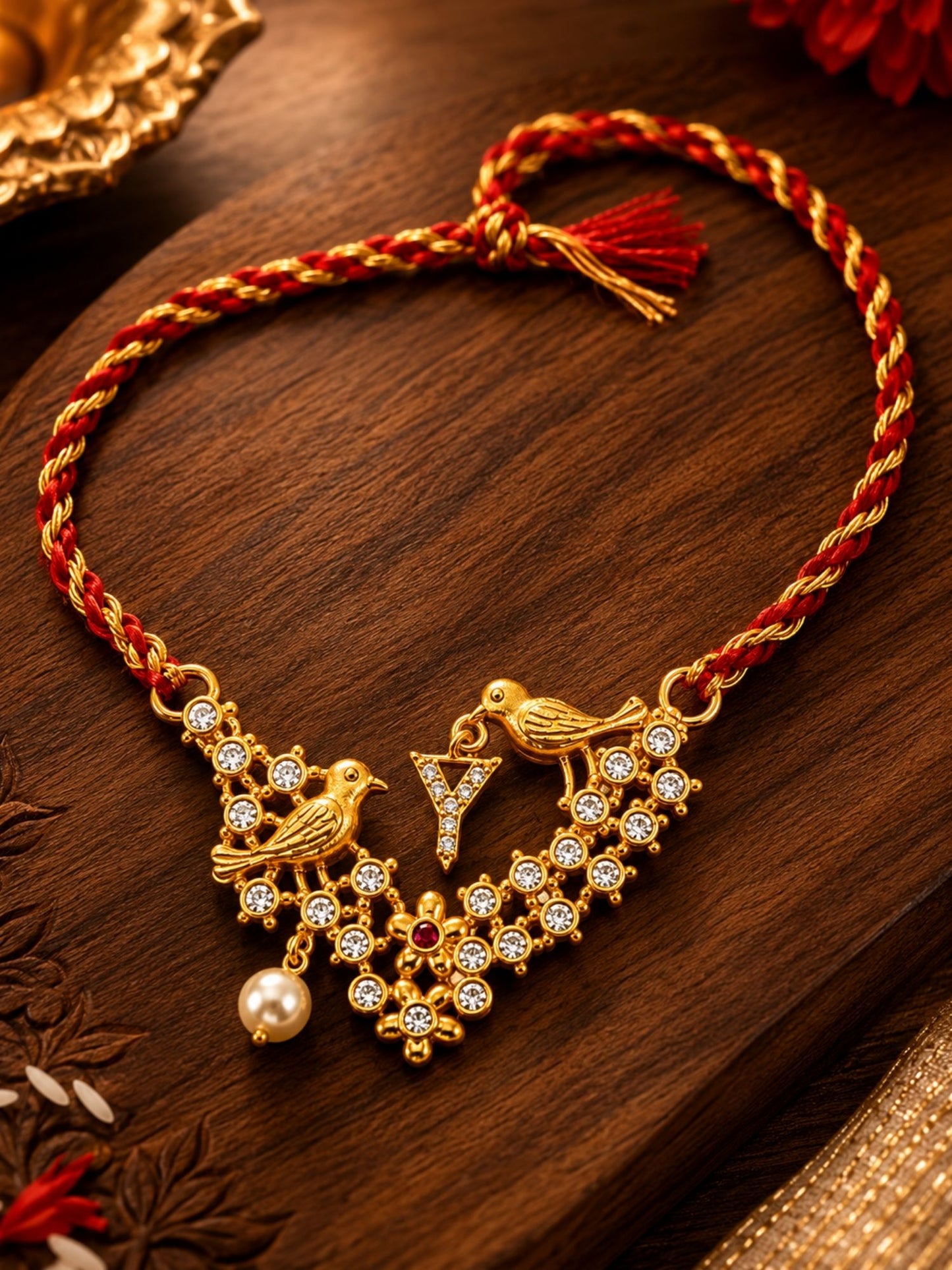 Letter Name Rakhi Designs Alphabet AD Gold Plated with Pearl Customized Pendant Raksha Bandhan