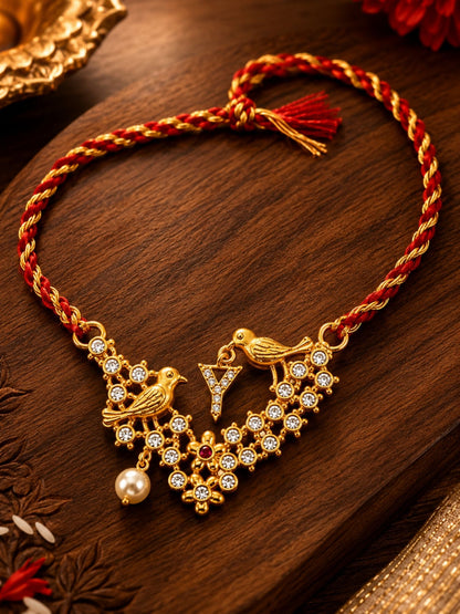 Letter Name Rakhi Designs Alphabet AD Gold Plated with Pearl Customized Pendant Raksha Bandhan