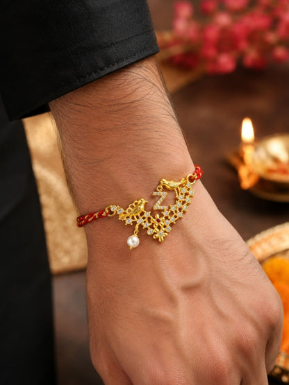Letter Name Rakhi Designs Alphabet AD Gold Plated with Pearl Customized Pendant Raksha Bandhan