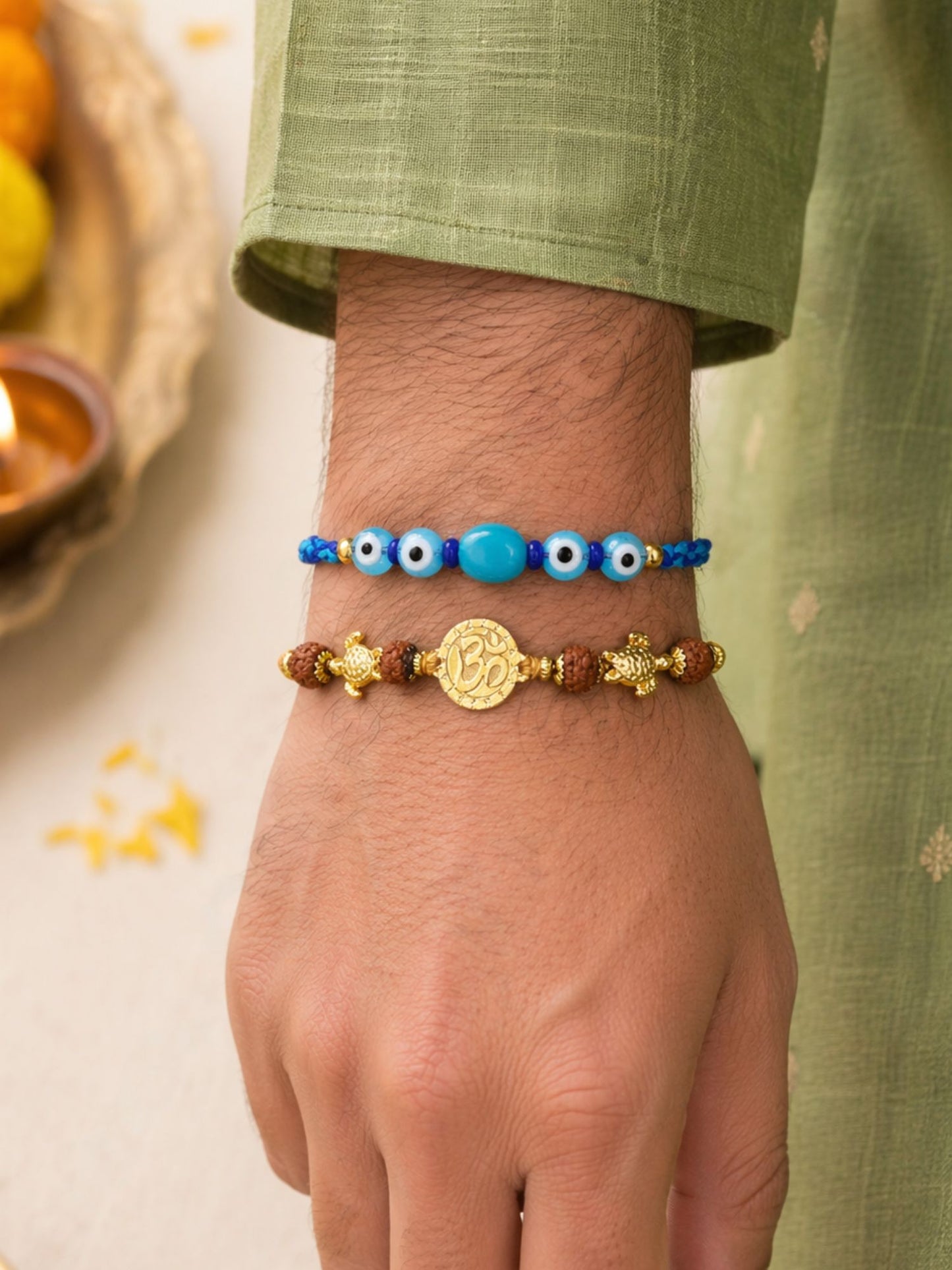 (Set of 2) Evil Eye Om Turtle Rakhi Bracelet For Bhai Bro