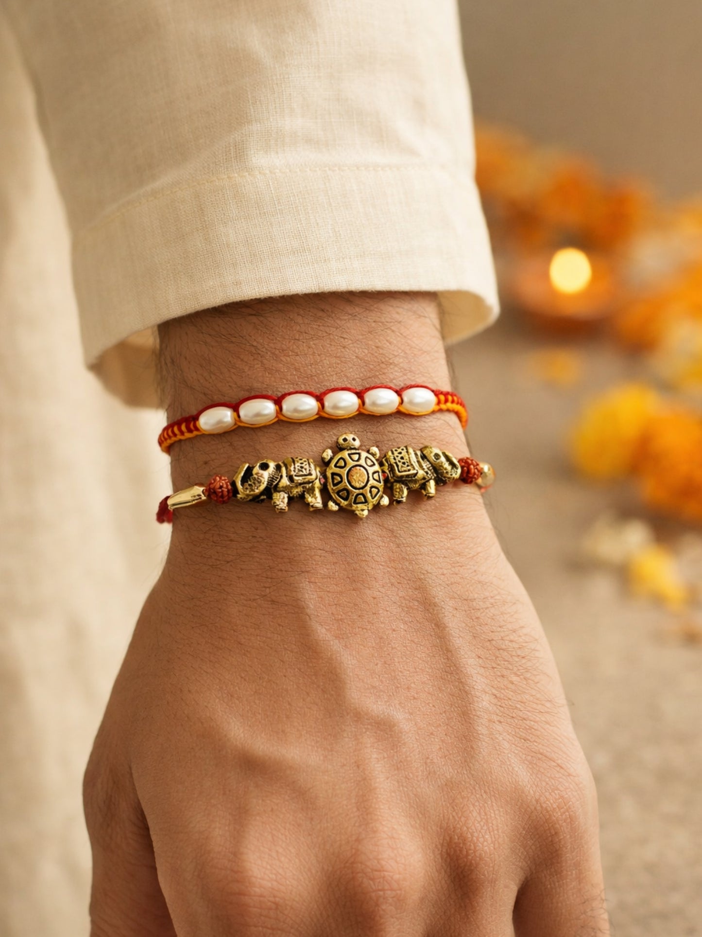 (Set of 2) Turtle Pearl Bracelet Rakhi Mauli Thread Bro