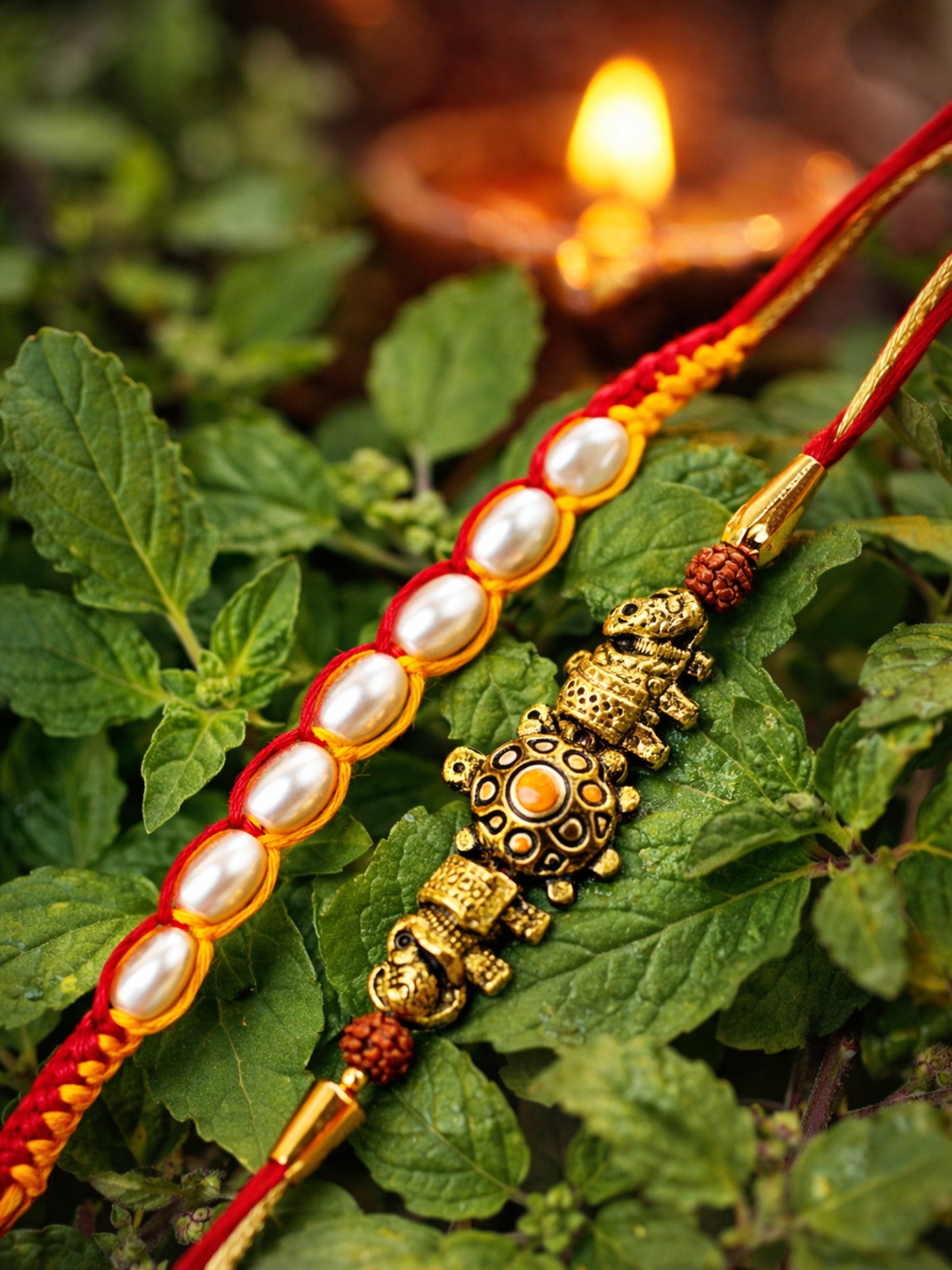 (Set of 2) Turtle Pearl Bracelet Rakhi Mauli Thread Bro