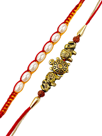 (Set of 2) Turtle Pearl Bracelet Rakhi Mauli Thread Bro
