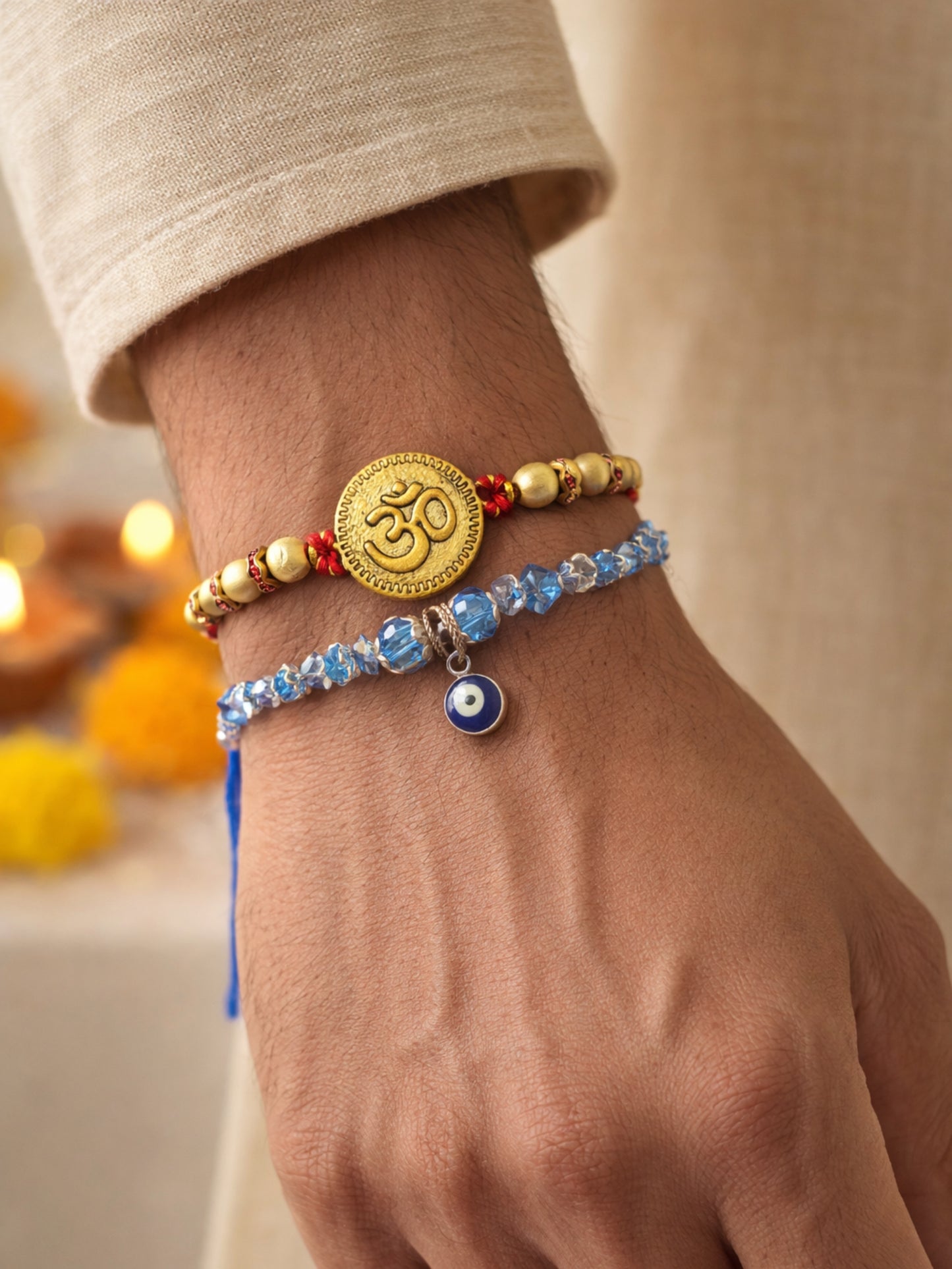 (Set of 2) Om Coin Evil Eye Bracelet Rakhi Bhaiya Bro