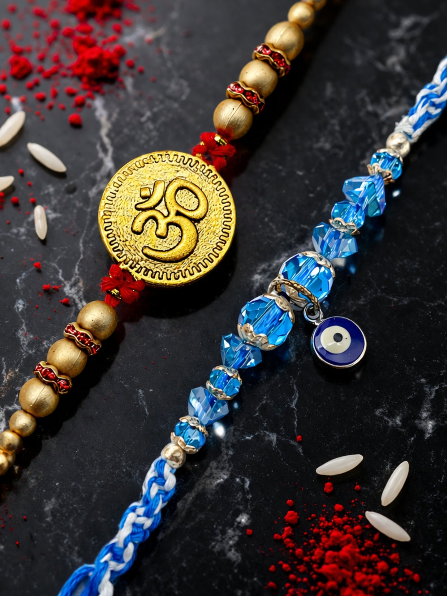 (Set of 2) Om Coin Evil Eye Bracelet Rakhi Bhaiya Bro