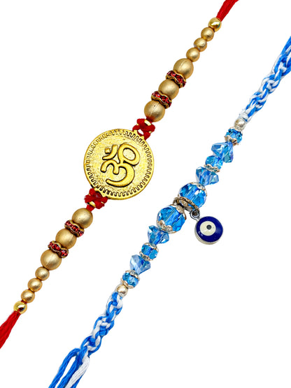 (Set of 2) Om Coin Evil Eye Bracelet Rakhi Bhaiya Bro
