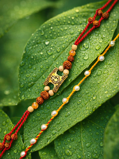 (Set of 2) Ganesha Pearl Bracelet Rakhi Mauli Thread Bro