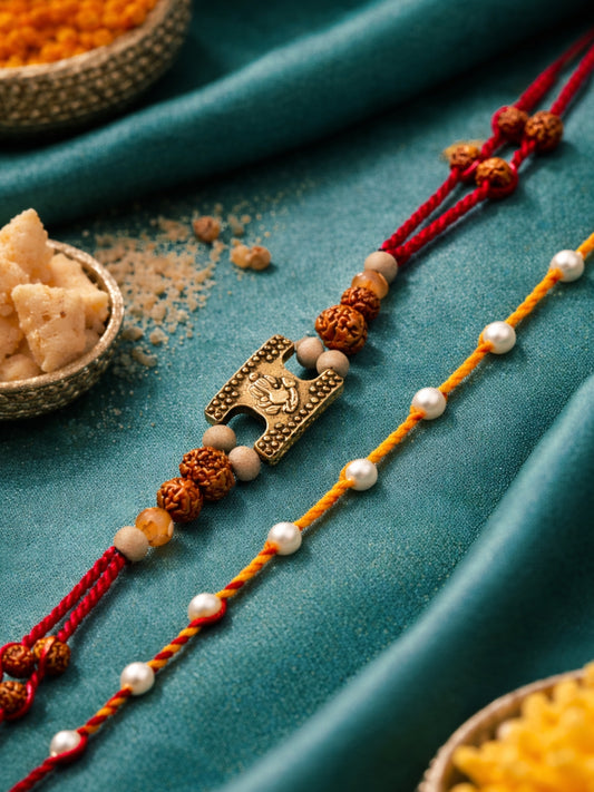 (Set of 2) Ganesha Pearl Bracelet Rakhi Mauli Thread Bro