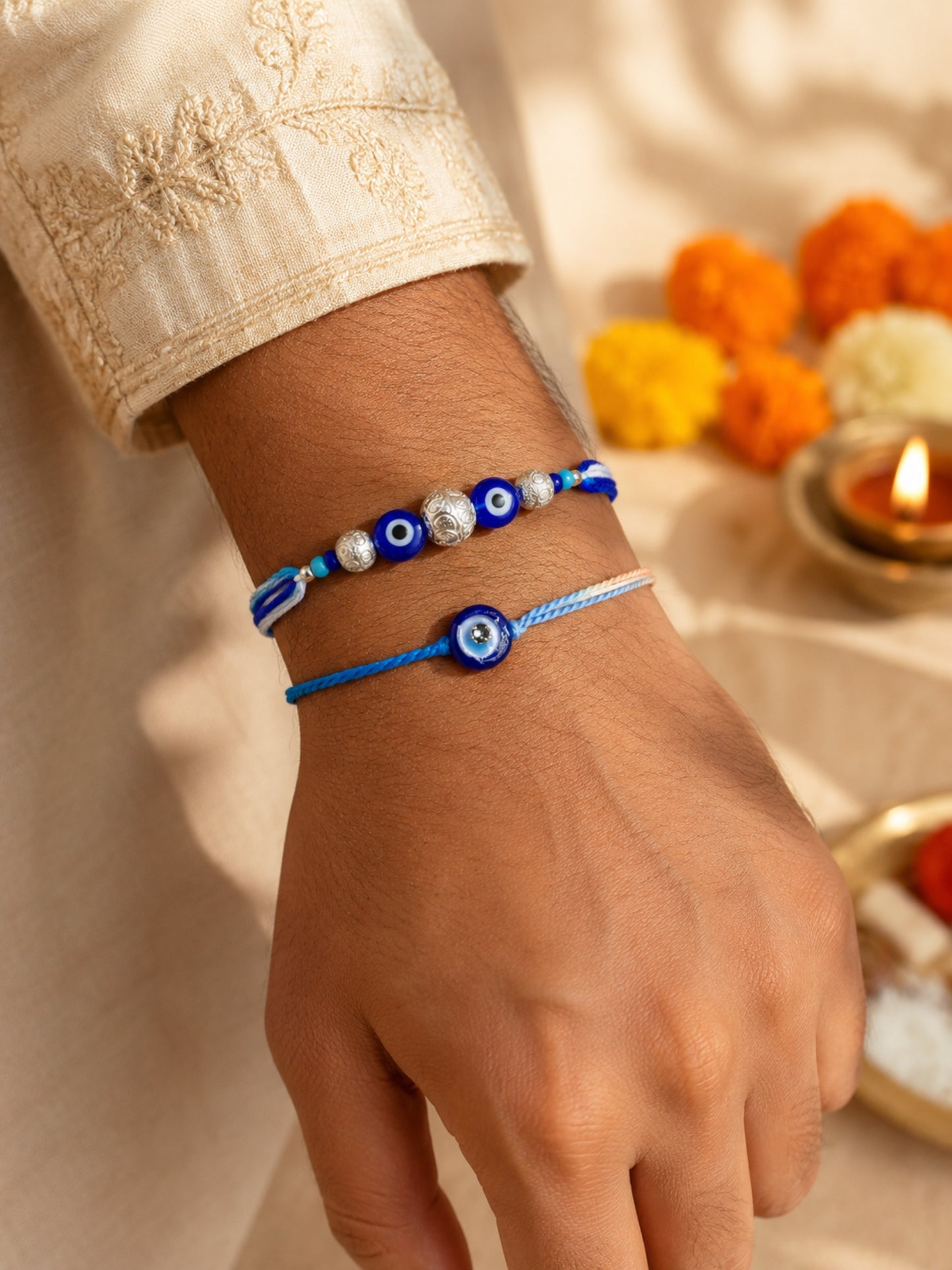 (Set of 2) Blue Evil Eye Beaded Bracelet Rakhi Bhai Bro