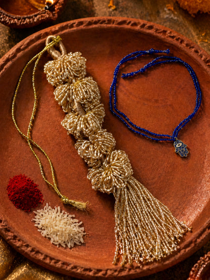 (Set of 2) Beaded Tassel Evil Eye Hamsa Lumba Rakhi Pair