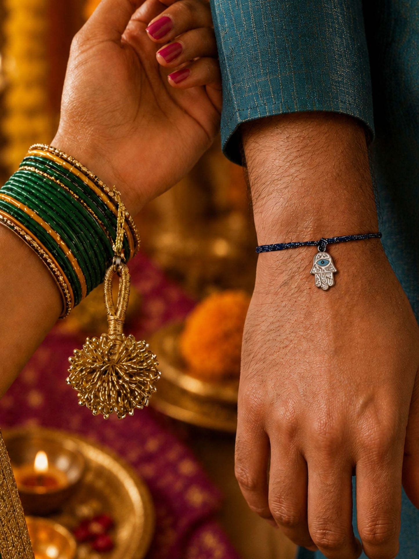 (Set of 2) Gold Tassel Hamsa Evil Eye Lumba Rakhi Bhaiya Bhabhi
