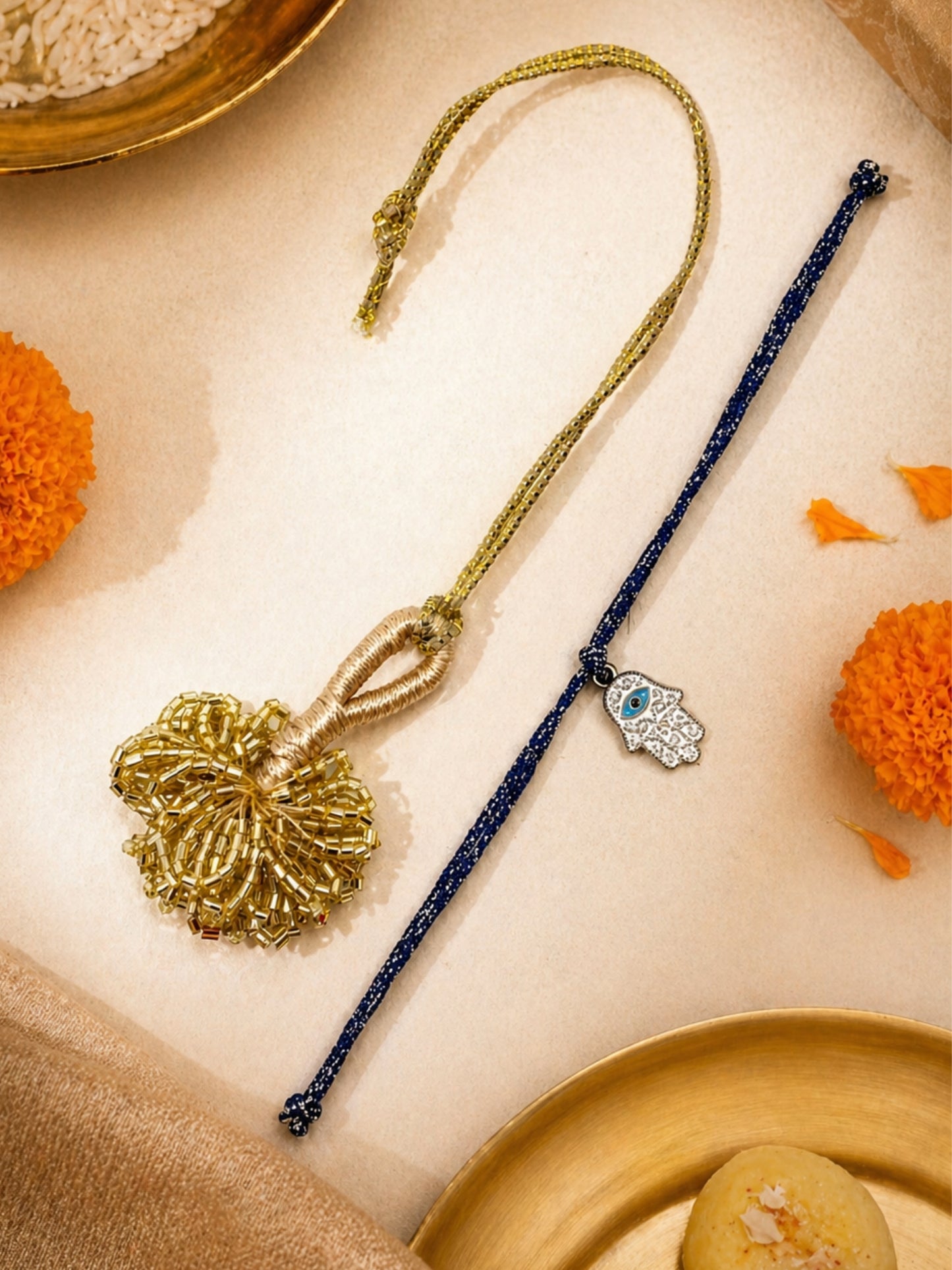 (Set of 2) Gold Tassel Hamsa Evil Eye Lumba Rakhi Bhaiya Bhabhi