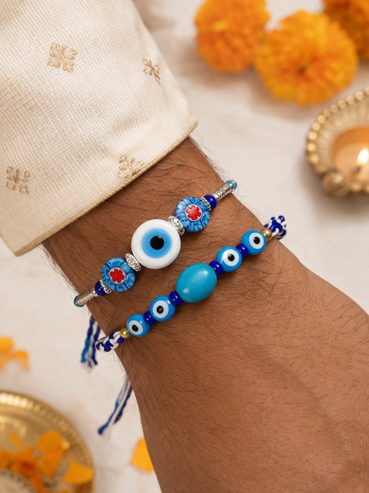 (Set of 2) Evil Eye Blue Beaded Rakhi Bracelet for Bhai Bro