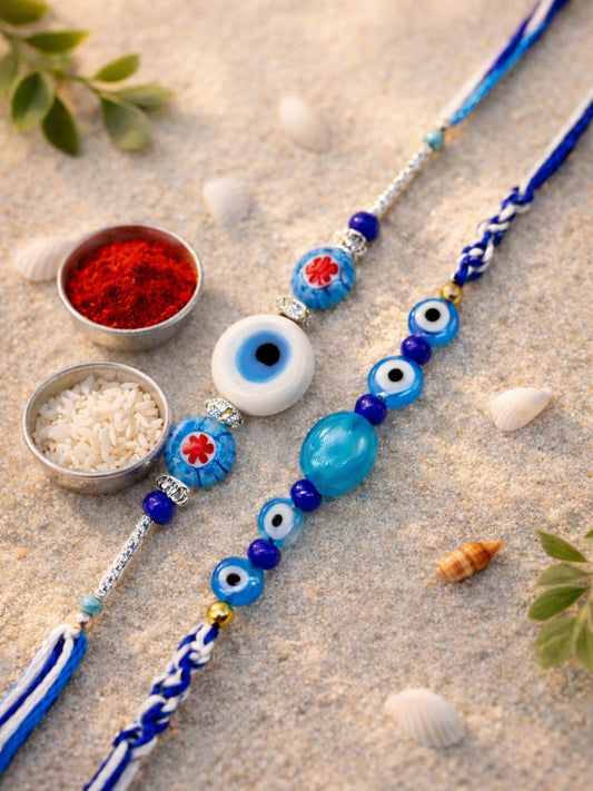 (Set of 2) Evil Eye Blue Beaded Rakhi Bracelet for Bhai Bro