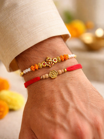 (Set of 2) Lord Ganesha Om Beads Bracelet Rakhi Bhai Bro