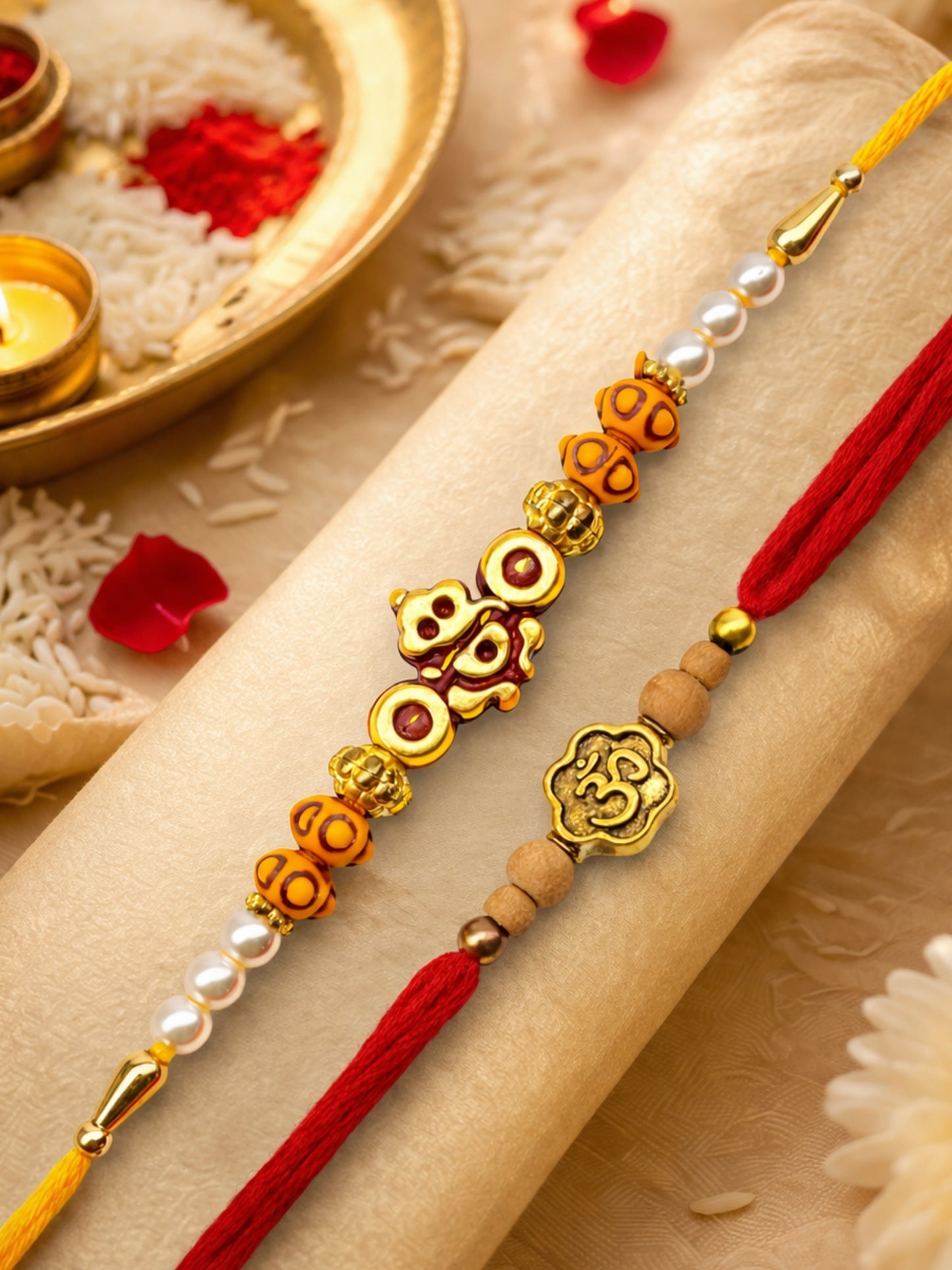 (Set of 2) Lord Ganesha Om Beads Bracelet Rakhi Bhai Bro