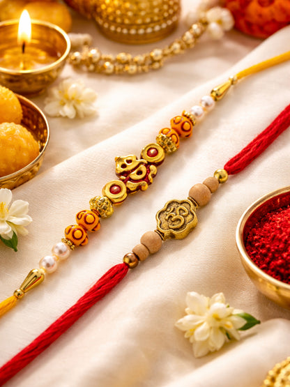 (Set of 2) Lord Ganesha Om Beads Bracelet Rakhi Bhai Bro