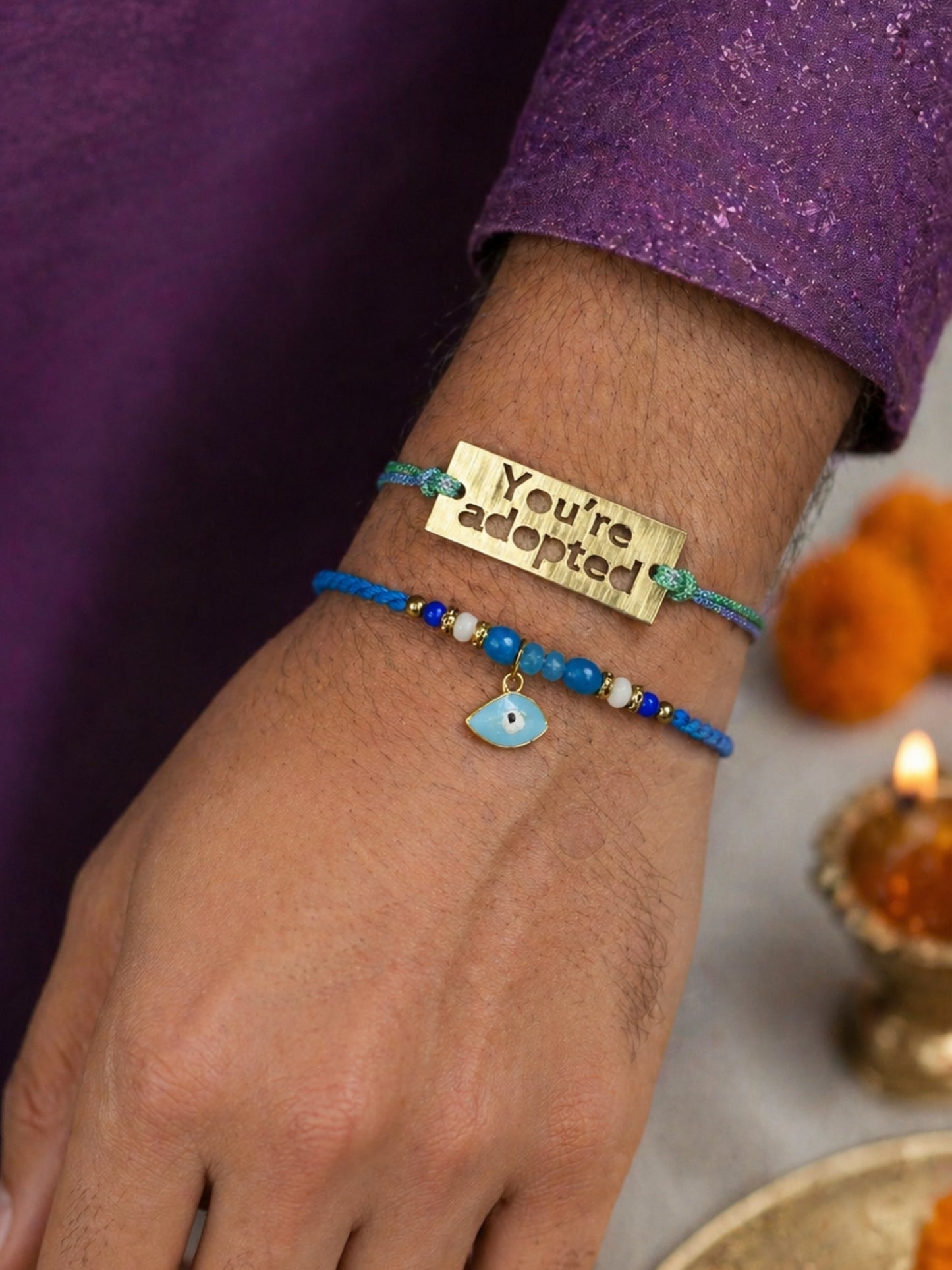 (Set of 2) Youre Adopted Evil Eye Bracelet Rakhi for Bro