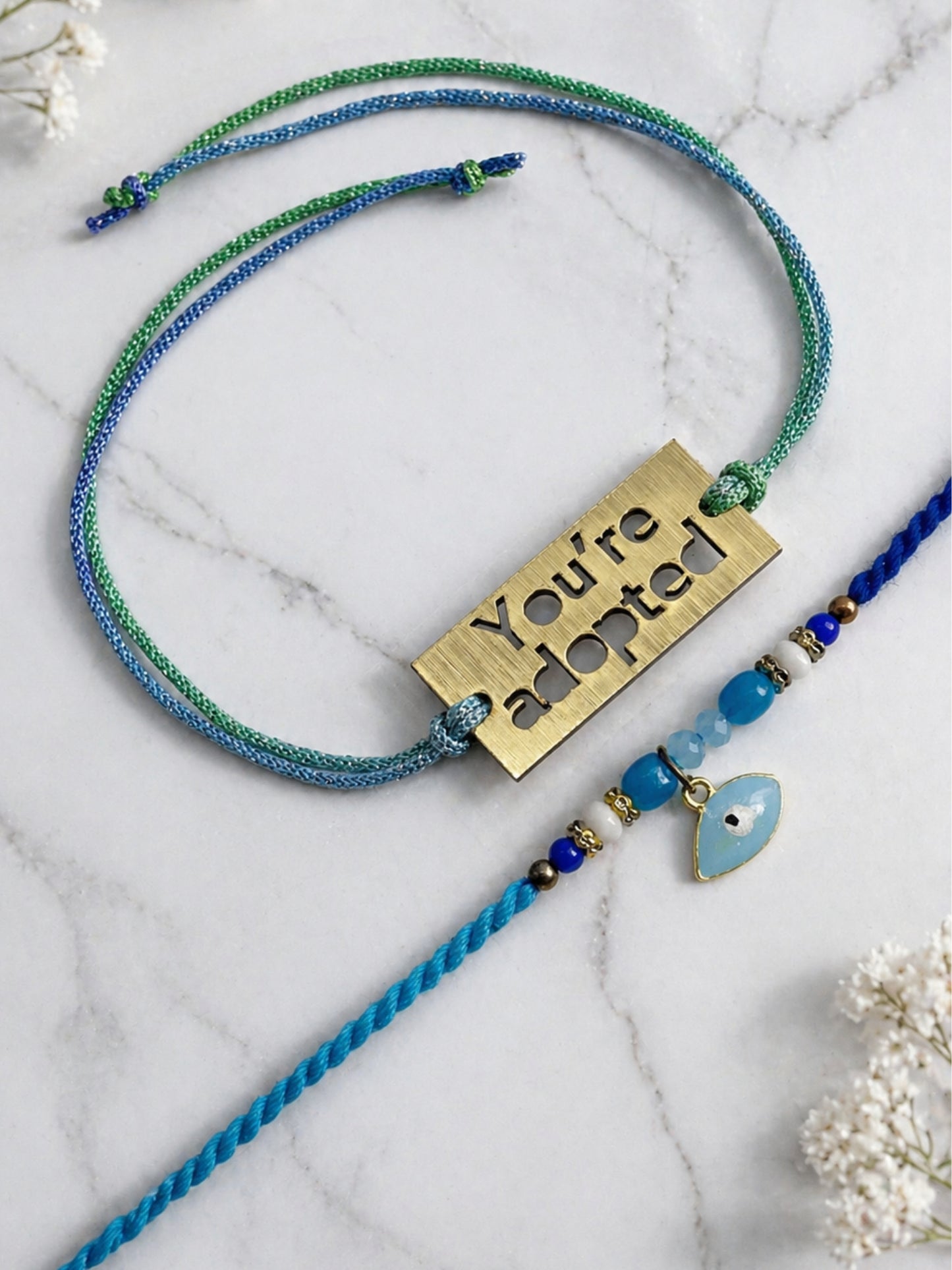 (Set of 2) Youre Adopted Evil Eye Bracelet Rakhi for Bro