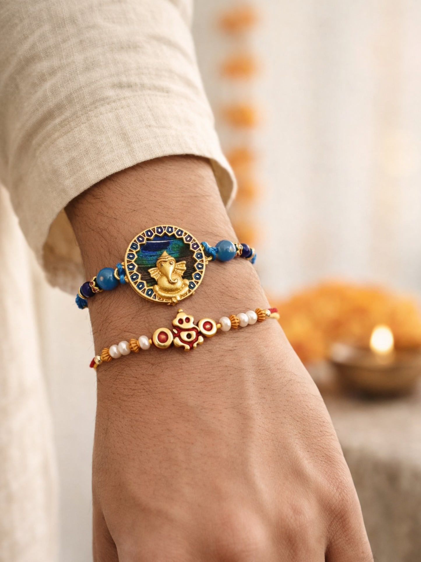 (Set of 2) Peacock Feather Ganesha Bracelet Rakhi Bro