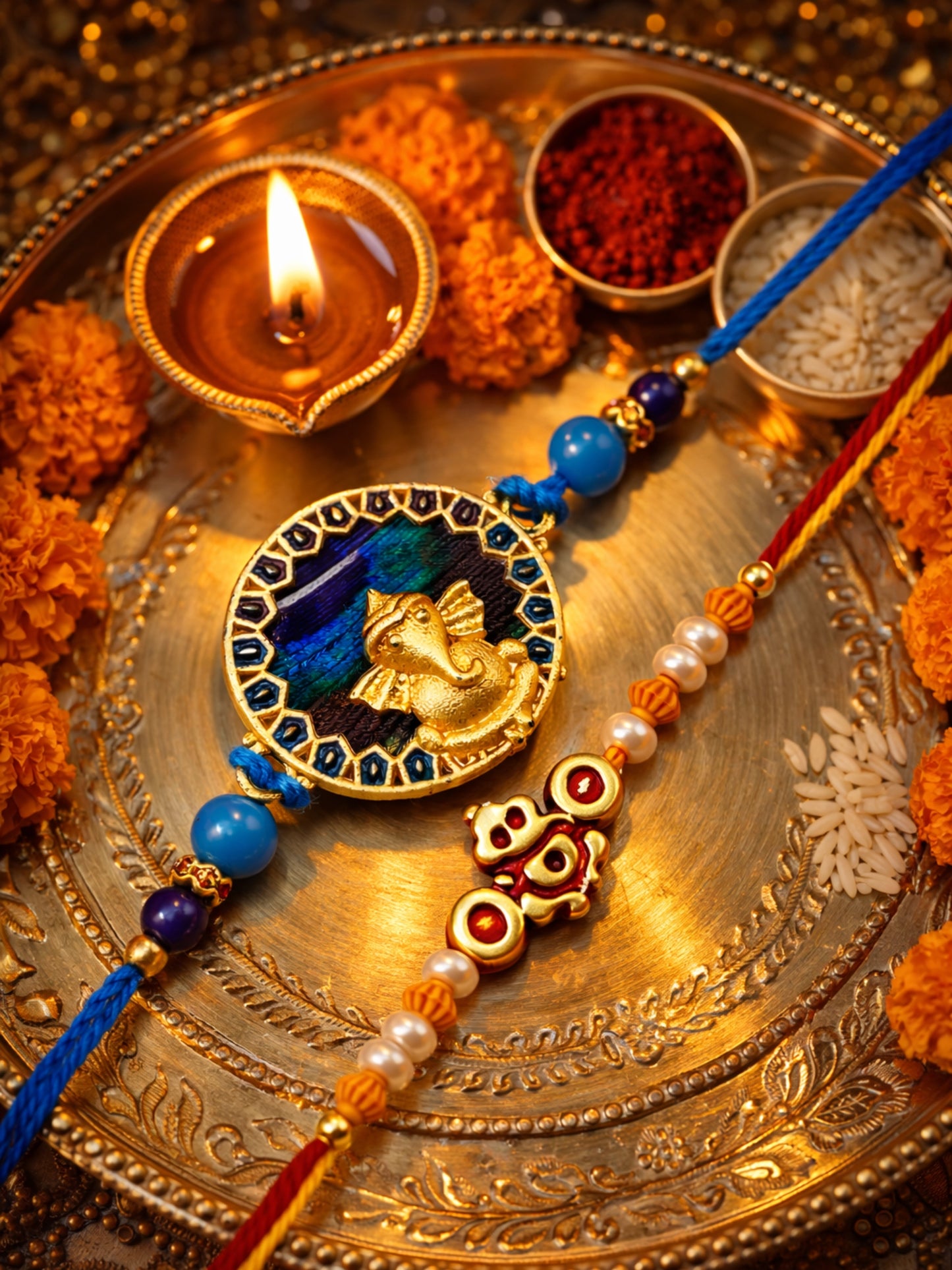 (Set of 2) Peacock Feather Ganesha Bracelet Rakhi Bro
