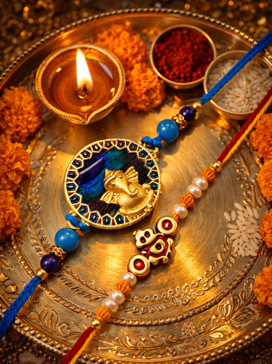 (Set of 2) Peacock Feather Ganesha Bracelet Rakhi Bro