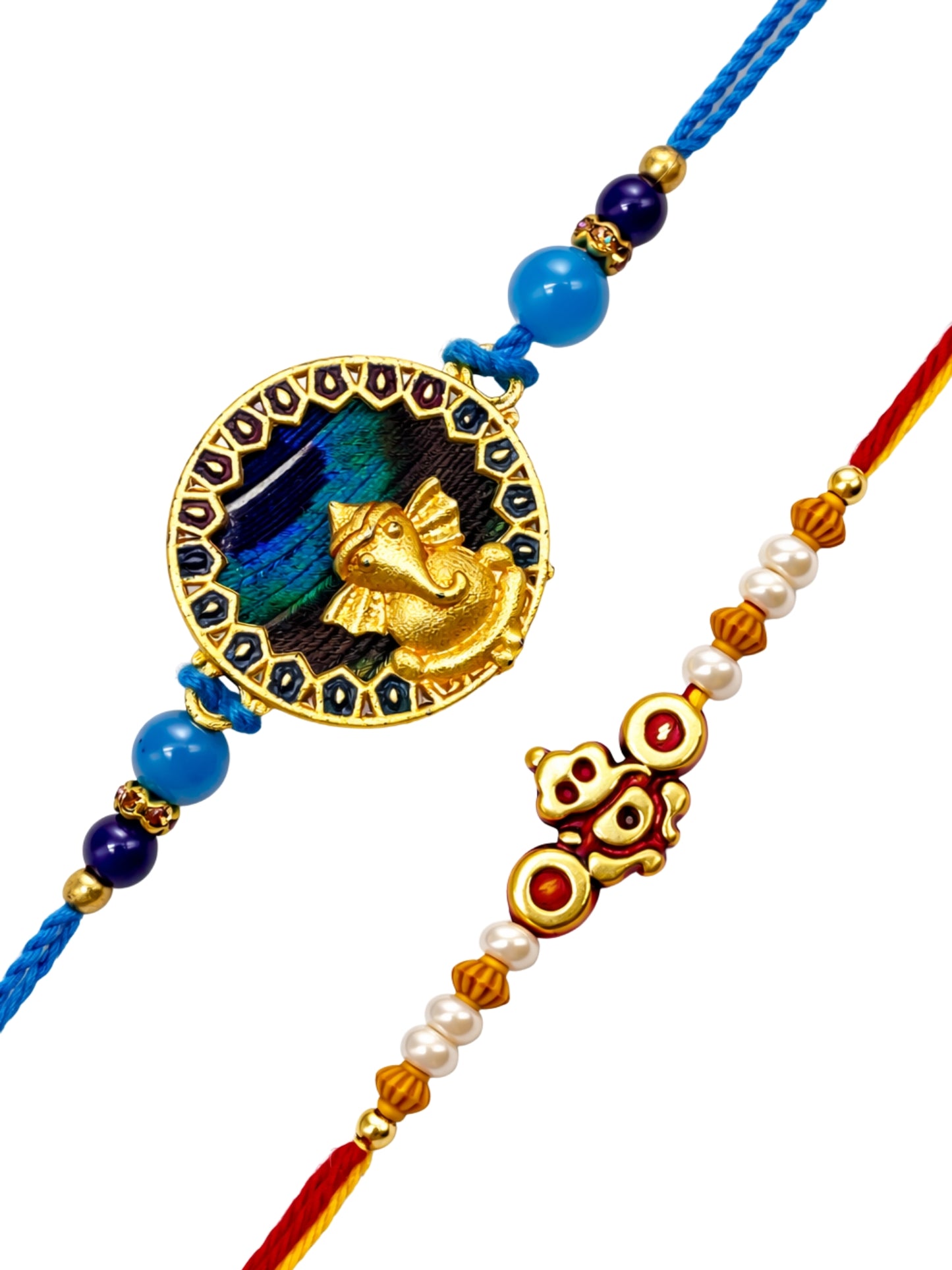 (Set of 2) Peacock Feather Ganesha Bracelet Rakhi Bro