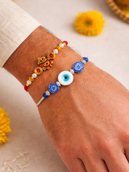 (Set of 2) Ganesha Evil Eye Charm Bracelet Rakhi Bhai Bro