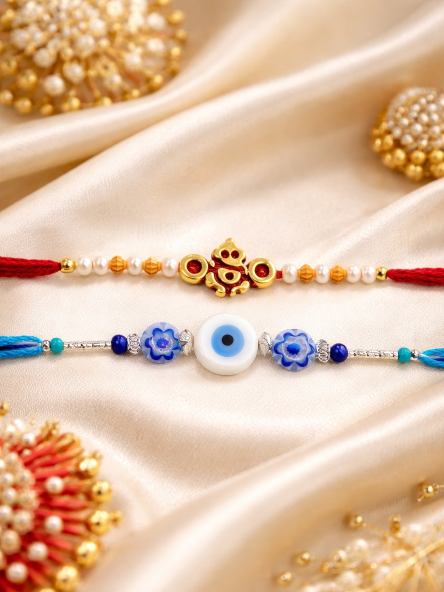 (Set of 2) Ganesha Evil Eye Charm Bracelet Rakhi Bhai Bro